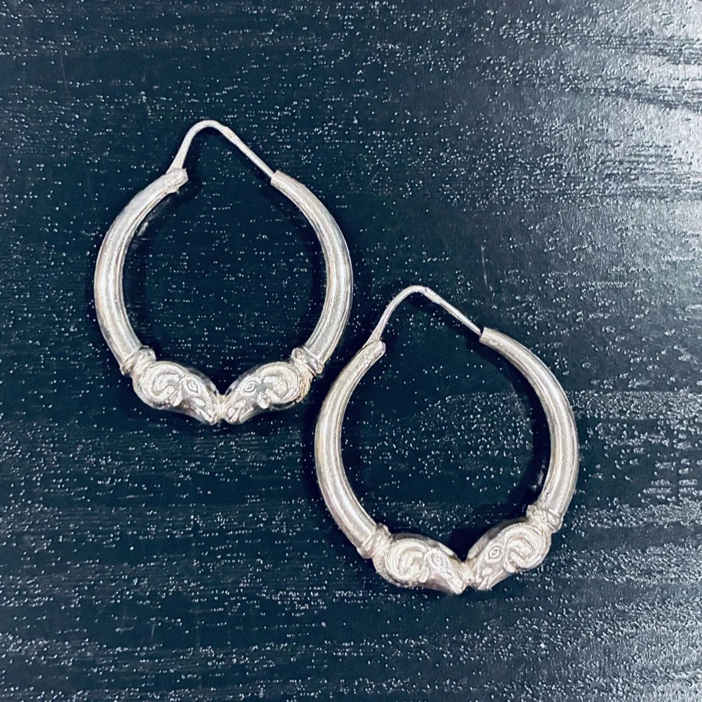 1970s 925 Sterling Silver Kissing Ram Hoop Statement Earrings, signed